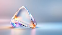 Transparent crystal prism refracting rainbow light spectrum on gradient background. Glass optical element creating colorful dispersion effects for science education.