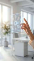 Hand touching futuristic holographic interface with data analytics charts and network connections in modern bright office environment for business technology.