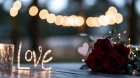 Romantic evening setup with red roses, glowing love sign and fairy lights creating warm bokeh atmosphere for Valentine's Day celebration.