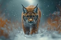 Majestic lynx walking through snowy winter landscape at dusk, intense blue eyes focused ahead while stalking prey among frost-covered vegetation.