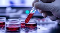Laboratory technician in white gloves holding test tube with red blood sample over petri dishes in modern medical research facility for diagnostic testing.