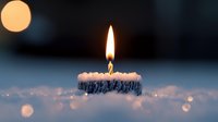 Single lit candle glowing in snow with bokeh lights and full moon in dark winter night background, creating magical atmospheric holiday scene.