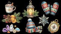 Cozy winter holiday collection with hot cocoa, lantern, mittens, pine branches, compass, snowflake, beanie, and festive decorations isolated on transparent background for t-shirts, stickers, and print-on-demand designs.