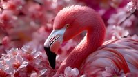 Pink flamingo among cherry blossoms, close-up portrait showing detailed feathers and curved beak against soft pink sakura flowers in dreamy spring atmosphere.