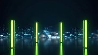 Neon green vertical light tubes glowing against dark urban cityscape with blurred skyscrapers and reflective water surface at night, creating modern futuristic atmosphere for tech and design projects.