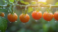 Fresh ripe cherry tomatoes on vine branch with water drops in morning sunlight, natural organic vegetables growing in garden, macro photography.