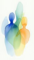 Abstract watercolor silhouettes in blue, green and yellow gradients representing diverse people standing together for teamwork and unity concepts.