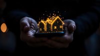 Magical glowing miniature houses held in cupped hands against dark background, creating dreamy winter holiday atmosphere with warm golden lights and bokeh effect.