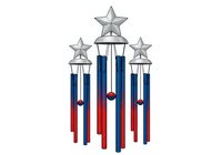 Patriotic wind chime with silver stars and red, white, blue streamers on transparent background. Isolated clipart suitable for holiday decorations, greeting cards, and patriotic designs.