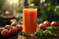 Fresh tomato juice in glass with ripe red tomatoes and basil leaves on wooden table in natural sunlight for healthy breakfast and organic nutrition.