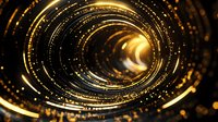 Glowing golden spiral with light particles creating dynamic circular motion against dark background, abstract futuristic design for technology concepts.