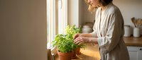 Woman in casual beige shirt tending to potted green plant on sunny windowsill, indoor gardening and plant care for home decoration and wellness.