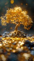 Magical glowing golden bonsai tree with sparkling lights and bokeh effects, perfect for fantasy art, meditation spaces, or spiritual wellness designs. Mystical nature concept.