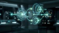 Futuristic holographic energy flow diagram glowing on a pedestal in a dark high-tech control room, visualizing data networks and power systems.