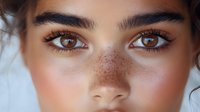 Close up portrait of young Middle Eastern woman with freckles, brown eyes and thick eyebrows looking directly at camera. Natural beauty concept.