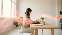 Young woman working on laptop at wooden desk with flowing pink energy waves, representing creativity and productivity in modern workspace.