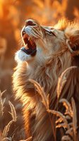 Majestic male lion roaring at sunset, profile view showing detailed mane and teeth against golden backlit grass and warm evening light. Wildlife photography.