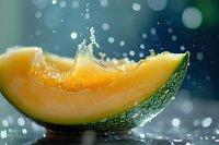 Fresh juicy cantaloupe melon slice with water splash against blurred blue background, showcasing vibrant orange flesh and green rind.