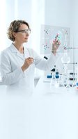 Female scientist in lab coat analyzing molecular structure on transparent screen with laboratory equipment and chemical formulas in modern research facility.