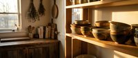 Rustic kitchen interior with wooden shelves displaying handcrafted ceramic bowls and dried herbs hanging from ceiling beams in warm natural lighting.