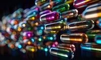 Colorful transparent medical capsules and pills in vibrant colors against dark background with bokeh effect, macro photography for pharmaceutical concept.