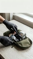 Hands in tactical gloves packing emergency survival kit with supplies into olive green bag on wooden surface for outdoor preparedness.