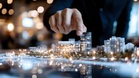 Male hand touching miniature city skyline with modern buildings and skyscrapers reflected in water surface against blurred bokeh lights background. Urban development concept.