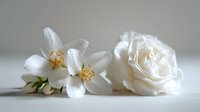 Elegant white rose and jasmine flowers on minimalist light background, creating serene atmosphere for wedding invitations and romantic designs.