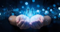 Cupped hands holding glowing digital network connections with blue bokeh lights and sparkles against dark background for technology concepts.