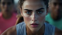 Young athletic woman with intense gaze and determined expression during workout, wearing gray tank top, with blurred people in background. Fitness and motivation concept.