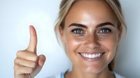Young Caucasian woman with blonde hair and blue eyes showing thumbs up gesture while smiling with white teeth against light background, positive facial expression.