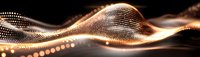 Abstract golden wave of glowing particles flowing on black background, digital technology network visualization with bokeh light effect.