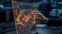 Professional analyst interacting with holographic data visualization displaying complex wave patterns and analytics on futuristic transparent screen interface.