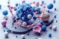 Molecular structure model with blue and pink spheres connected by rods on light background, scientific concept visualization for chemistry and biology education.