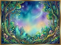Enchanted forest clearing with twisted trees framing a magical starry sky, glowing nebula, and silhouetted evergreens, creating a mystical woodland gateway for fantasy and nature designs.
