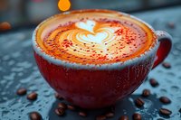 Creamy cappuccino with heart latte art in red ceramic cup on dark table with coffee beans and bokeh lights in background.