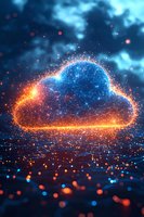 Glowing digital cloud shape with network connections and particles, orange and blue light effects against dark background with bokeh elements.