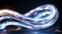 Luminous flowing wave of transparent glass or liquid with blue and pink light reflections on dark background creates elegant abstract composition.