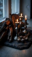 Cozy autumn still life with burning candles in vintage brass holders, cinnamon sticks, walnuts and natural elements on dark slate by window.