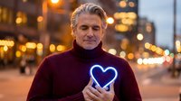 Mature Caucasian man in burgundy sweater holding glowing blue neon heart sign on city street at dusk with warm bokeh lights creating romantic atmosphere.