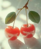 Fresh ripe red cherries with water drops and green leaves on light background with soft bokeh effect and gentle shadows.