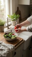 Man washing fresh tomato at kitchen sink with salad bowl and potted herbs nearby, preparing healthy meal in bright natural light.