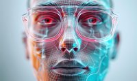 Futuristic facial recognition scan showing biometric mesh overlay on male face wearing glasses, illuminated by vibrant cyan and orange gradient lighting effects.