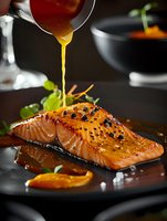 Glazed salmon fillet with honey sauce drizzle and black pepper on dark plate, garnished with microgreens and citrus. Professional food photography for restaurant menu.