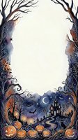 Spooky Halloween frame with twisted trees, haunted house, jack-o-lanterns, bats and crescent moon creating mystical border for seasonal designs.