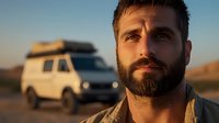 Bearded man with intense gaze at sunset, adventure van camping in desert background. Golden hour portrait captures wanderlust spirit and outdoor lifestyle.