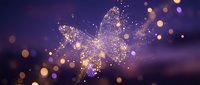 Glowing butterfly silhouette with sparkling particles and bokeh lights on purple gradient background for magical designs and fantasy projects.