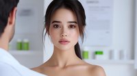Young Asian woman with natural makeup and bare shoulders looking at camera with serene expression in bright modern interior setting. Professional beauty portrait.