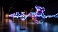 Glowing abstract glass sculptures in vibrant blue and purple colors floating in dark gallery space create mesmerizing art installation with ethereal lighting effects.