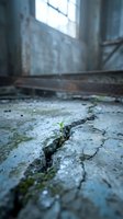 Small green plant growing through crack in concrete floor of abandoned building symbolizing hope, resilience and new life emerging from urban decay.